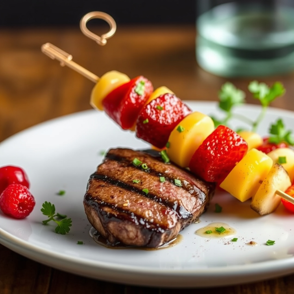 Grillet abalonebiff og fruktspyd