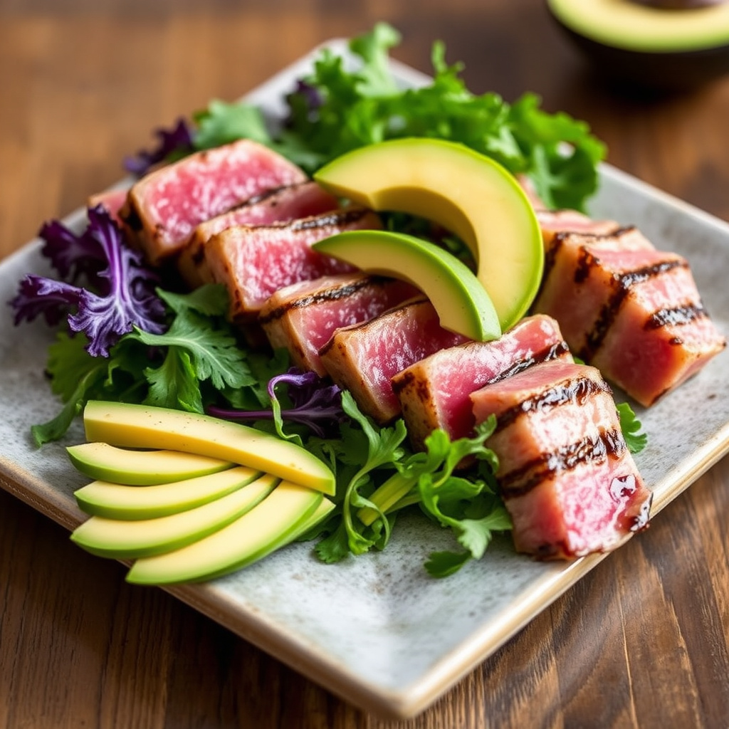 Grillet Ahi-tunfisk "sashimi" i strimler med mizuna og avokado