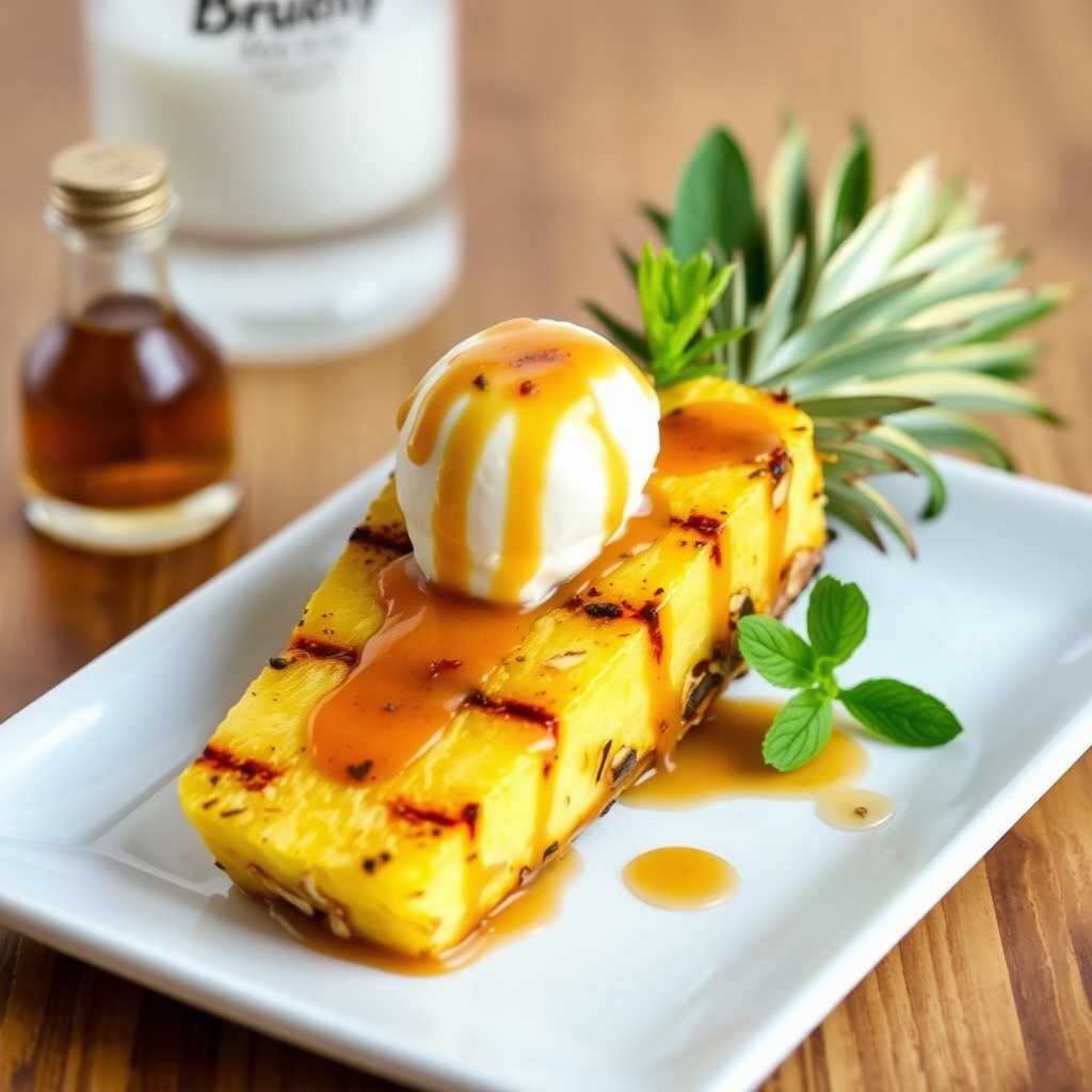 Grillet ananas med vaniljeis og romsaus