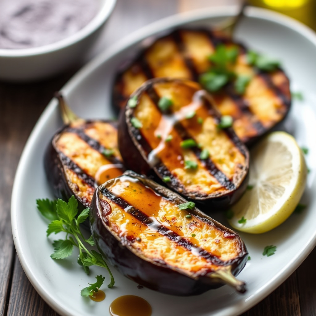 Grillet aubergine med sherryeddik-dressing