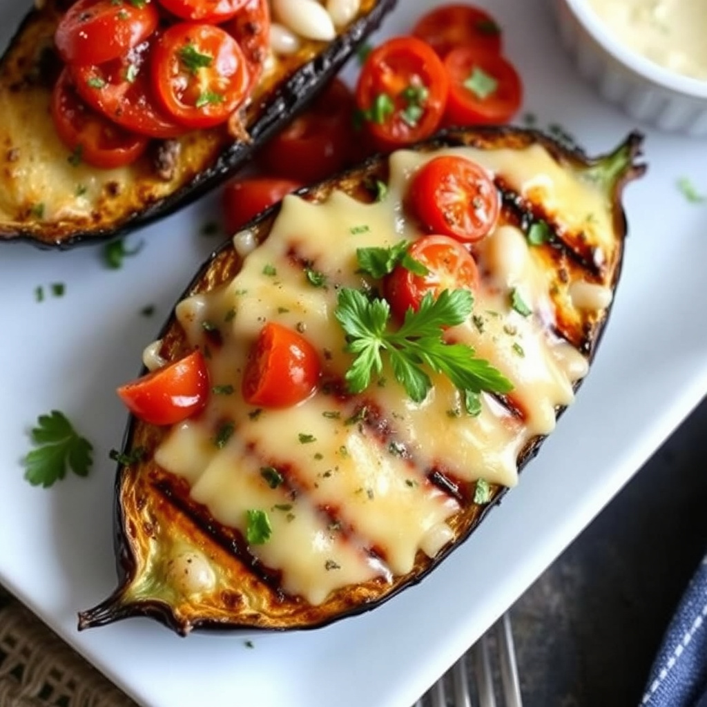 Grillet aubergine med tomater og smeltet cheddar