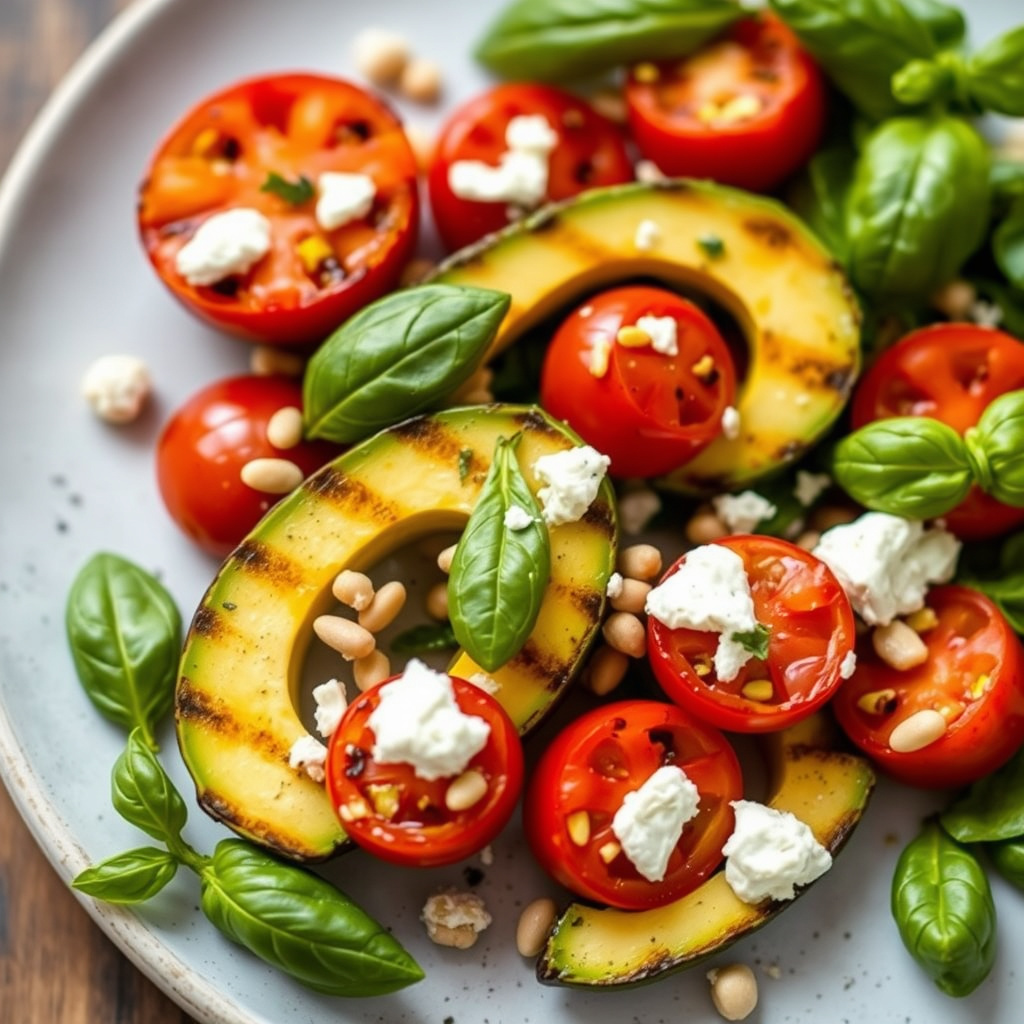 Grillet avokado og tomater, basilikumolje og cotija-ost med pinjekjerner