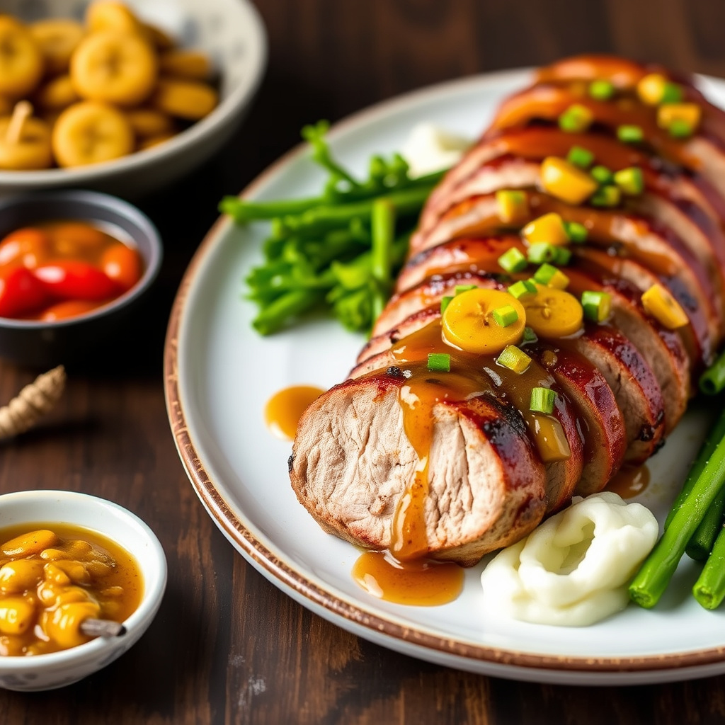 Grillet banan- og paprika-kompott-glassert svinenakke