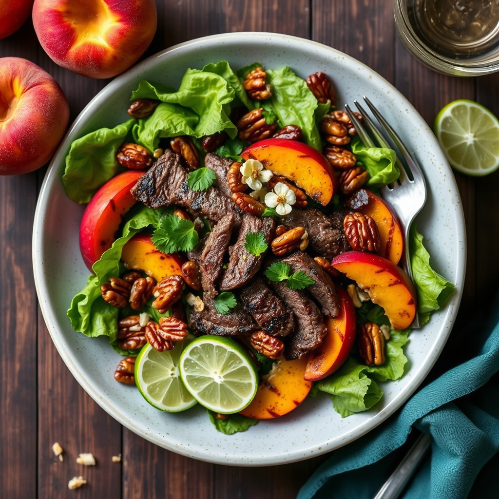 Grillet biffsalat med Texas-peach, pekannøtter og lime