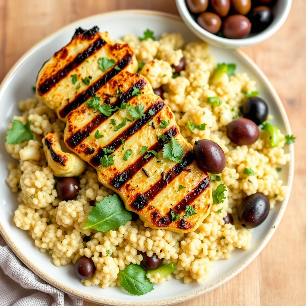 Grillet blomkålbiff med israelsk couscous og oliven
