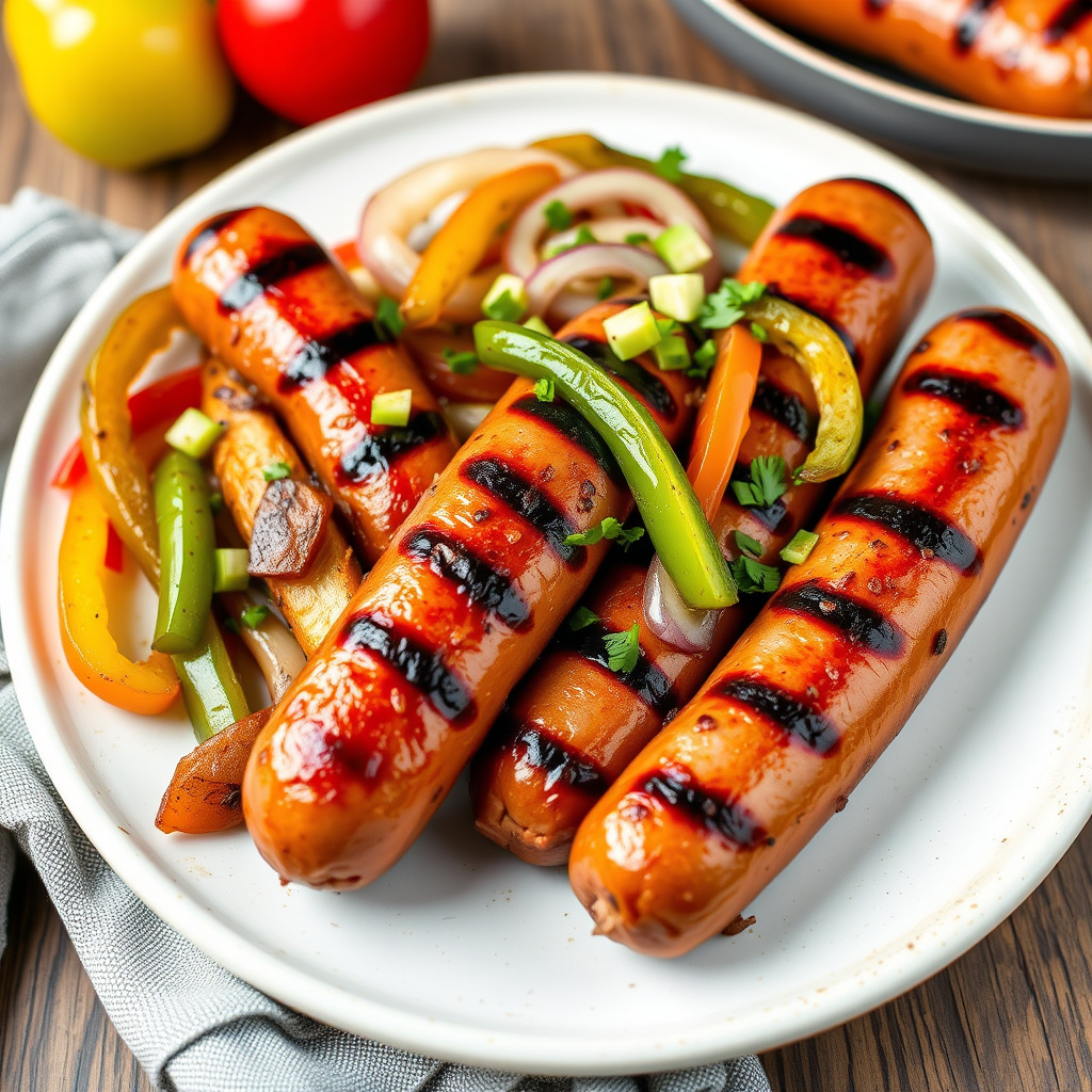 Grillet bratwurst med paprika og løk