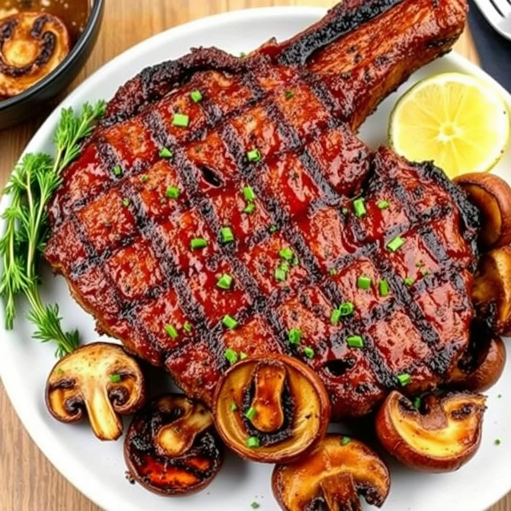 Grillet gigantisk porterhouse (eller T-bone) med grillede eksotiske sopp