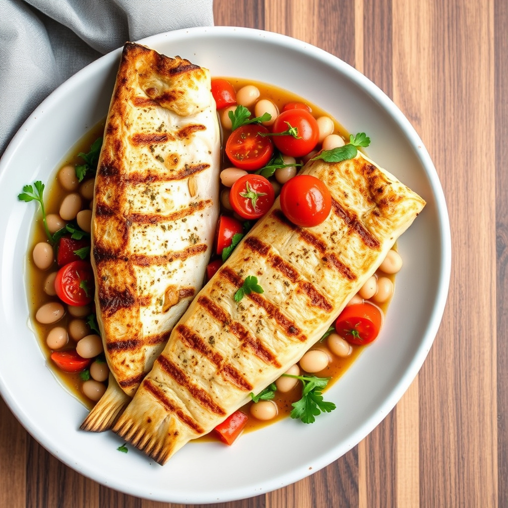 Grillet fisk med stuede hvite bønner, ruccola og tomater