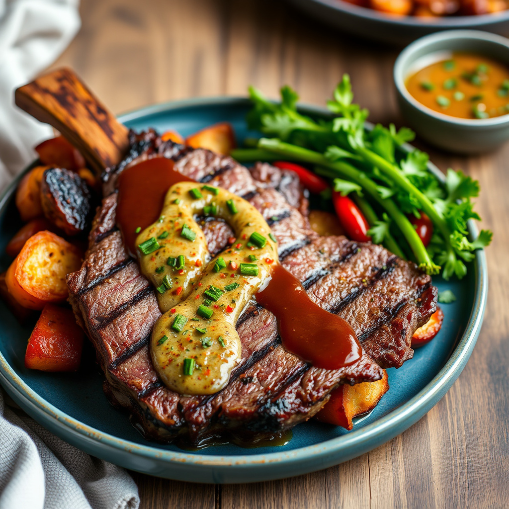 Grillet hangerbiff med røkte grønnsaker, barbecuesaus og sørvestlig chimichurri