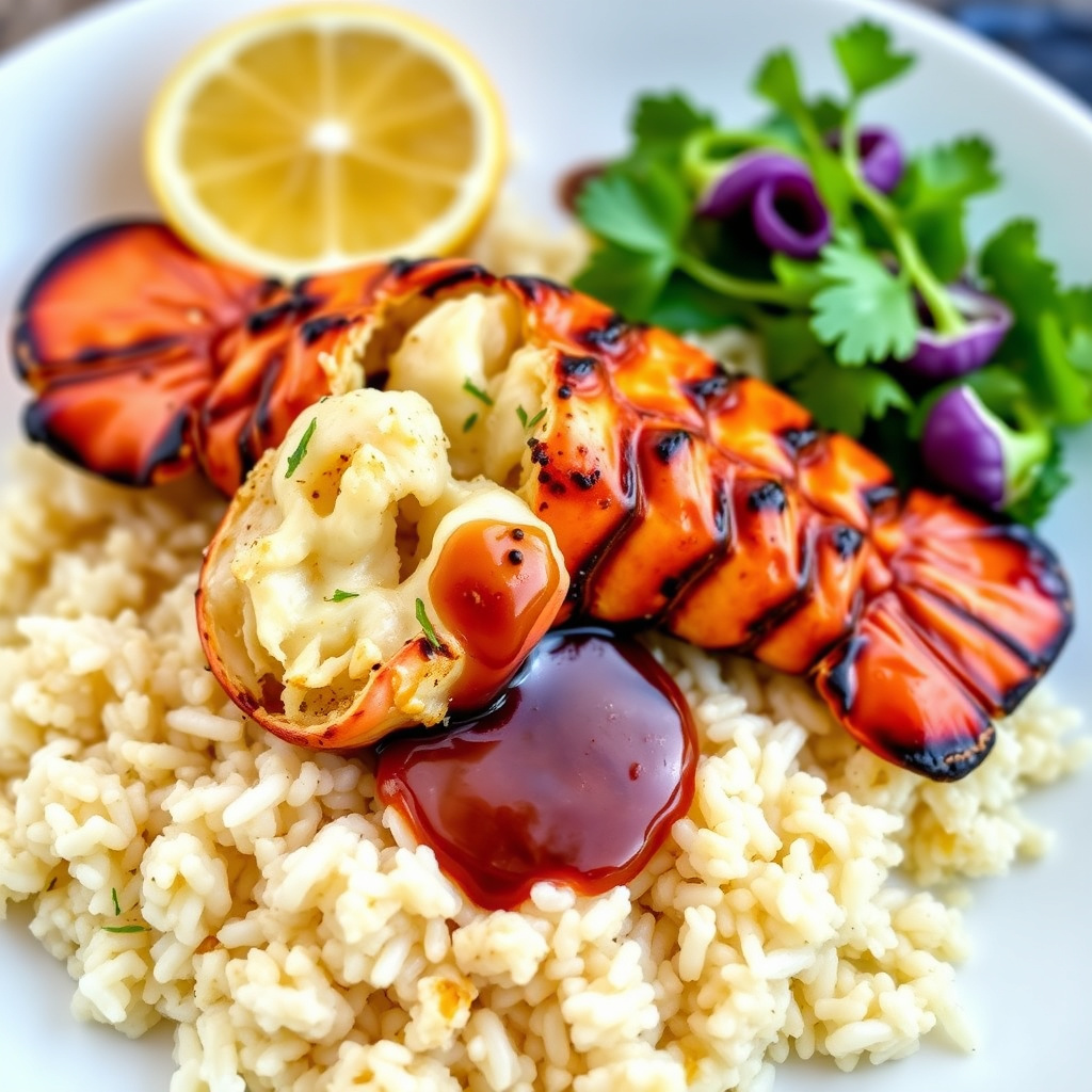 Grillet hummerhale med jerk-saus og kokosris