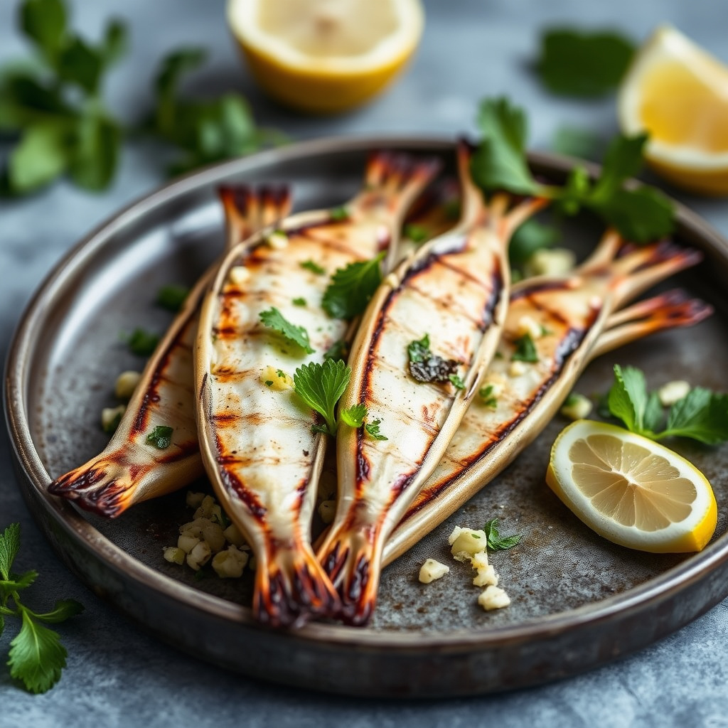 Grillet hvit ansjos med sitron- og myntasalat