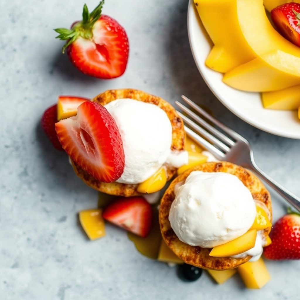 Grillet kokosnøttkake med tropisk frukt og is