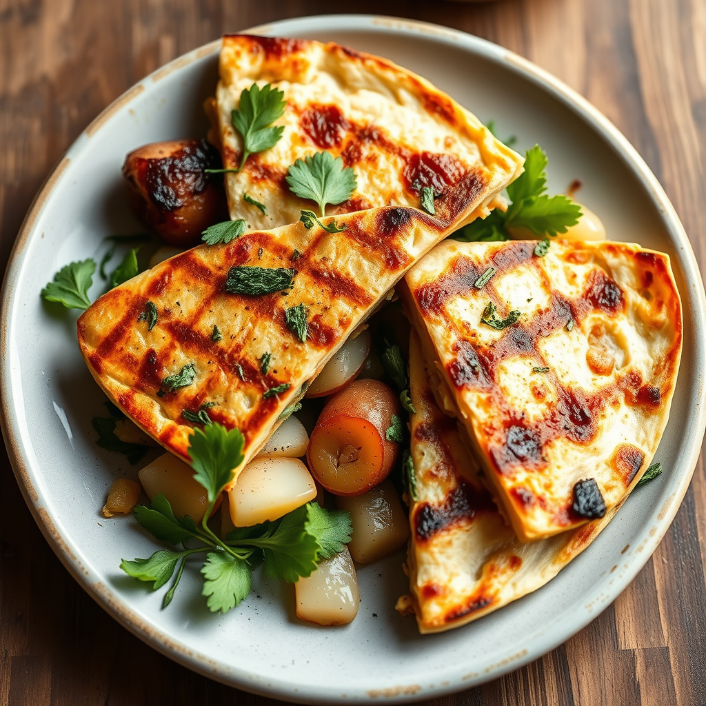 Grillet kylling, nye poteter, ovnsbakt hvitløk og fersk timian quesadilla