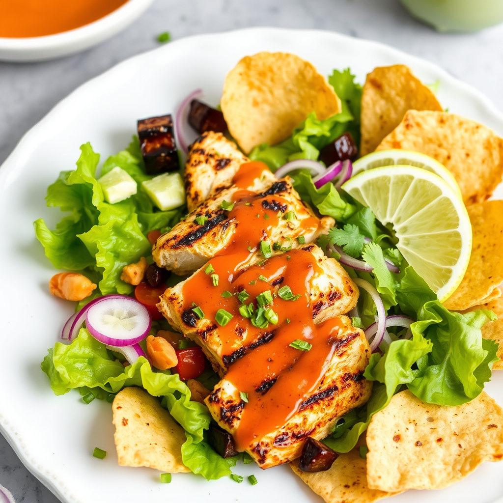 Grillet kyllingsalat med chipotle-chili-dressing og chili-lime-tortillachips