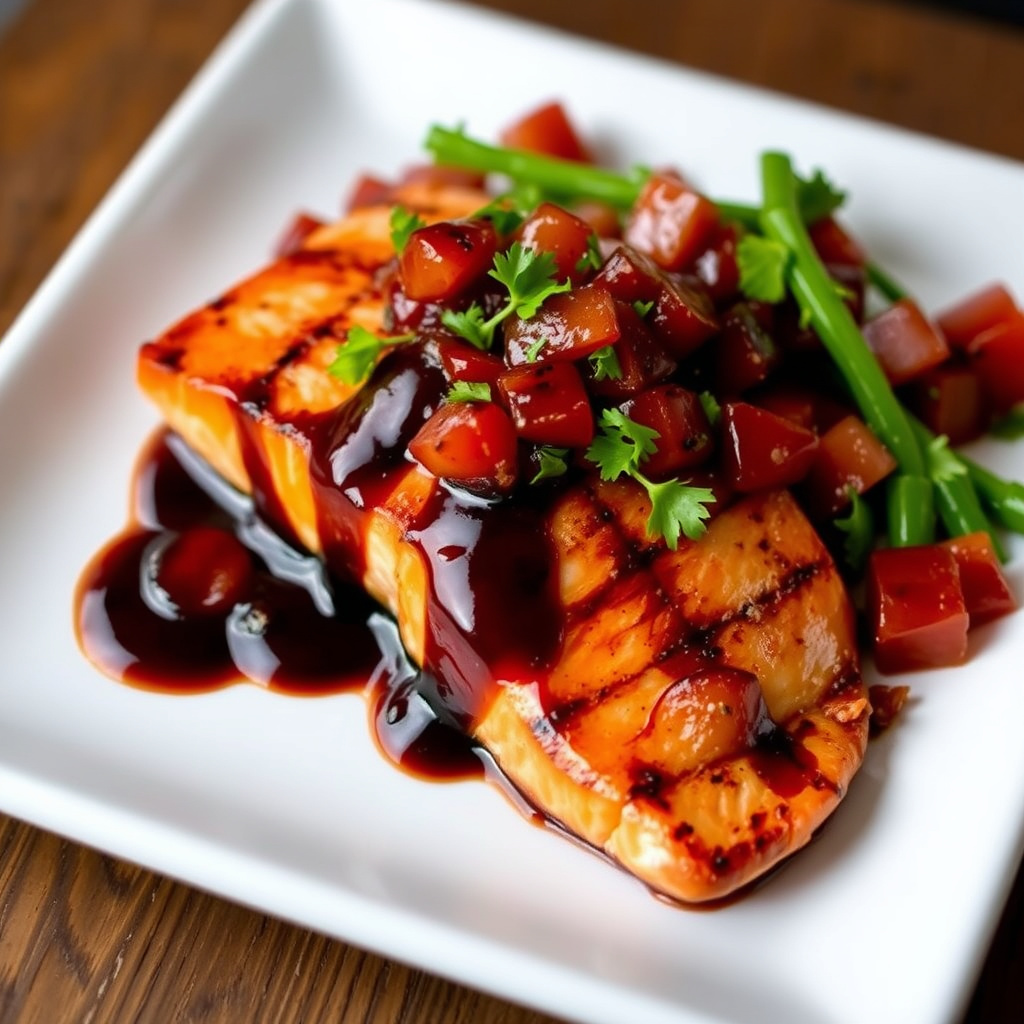 Grillet laks med hoisinsausglasur og plomme-ingefær relish