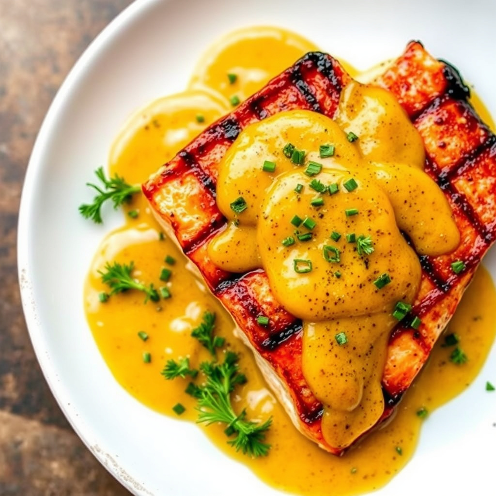 Grillet laks på sedertreskive med gul peppersafran-saus