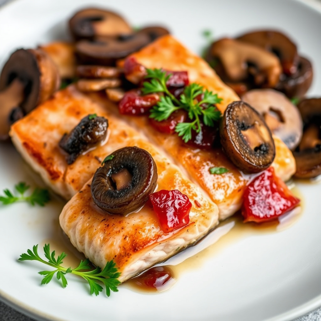 Grillet laksefilet med bacon, ville sopp og østerssaus