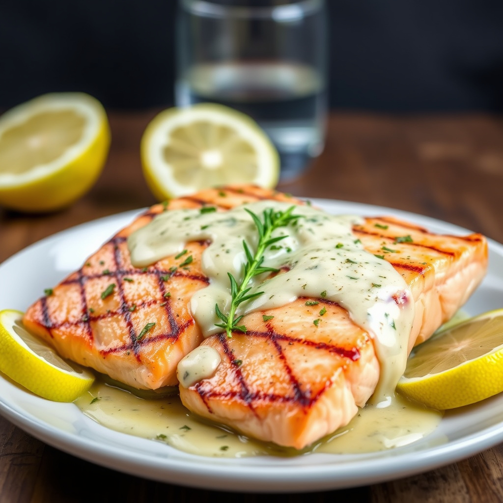 Grillet laksfilet med sitron-, estragon- og hvitløksaus