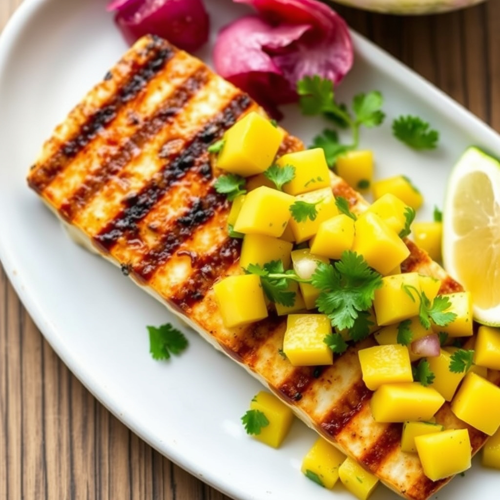 Grillet mahi mahi med tomatillo- og mangosalsa