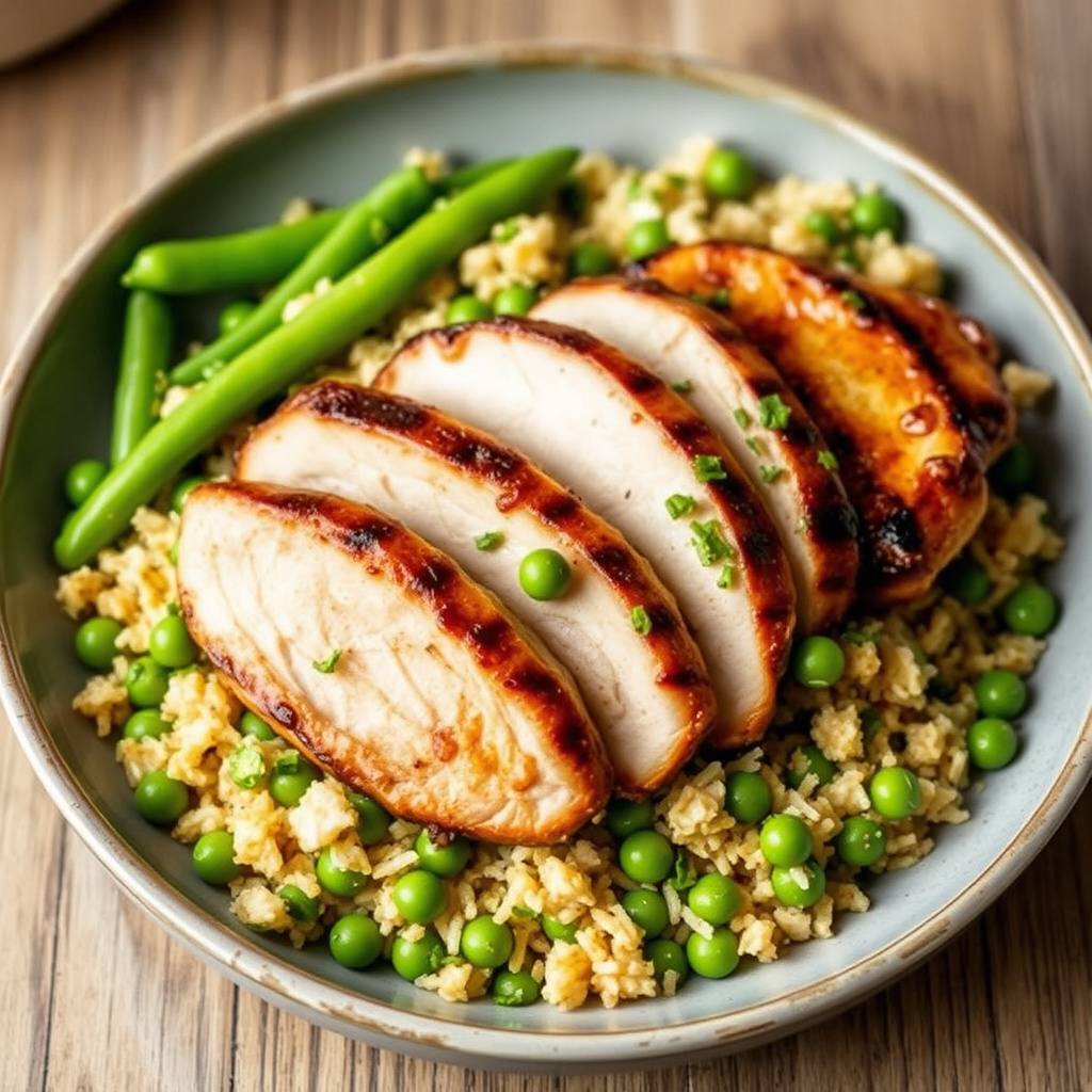 Grillet marinert kalkunbryst med treer-ertes stekt ris