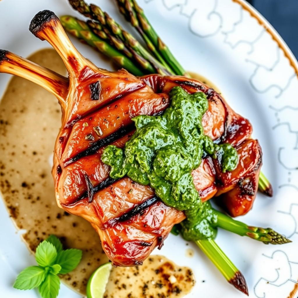 Grillet marinert lammelår med asparges og myntesalsa chimichurri