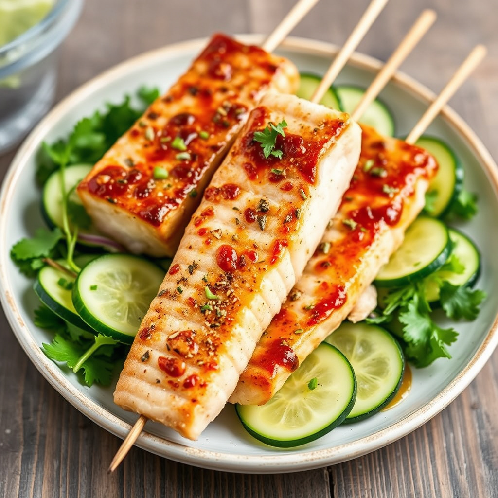 Grillet, marinert sverdfisk og agurk