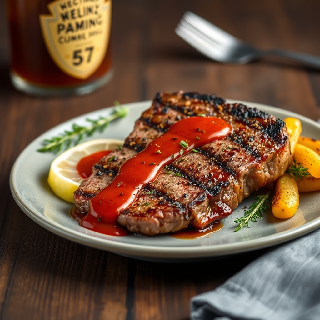 Grillet NY Strip-steak med pepperkorn og Heinz 57