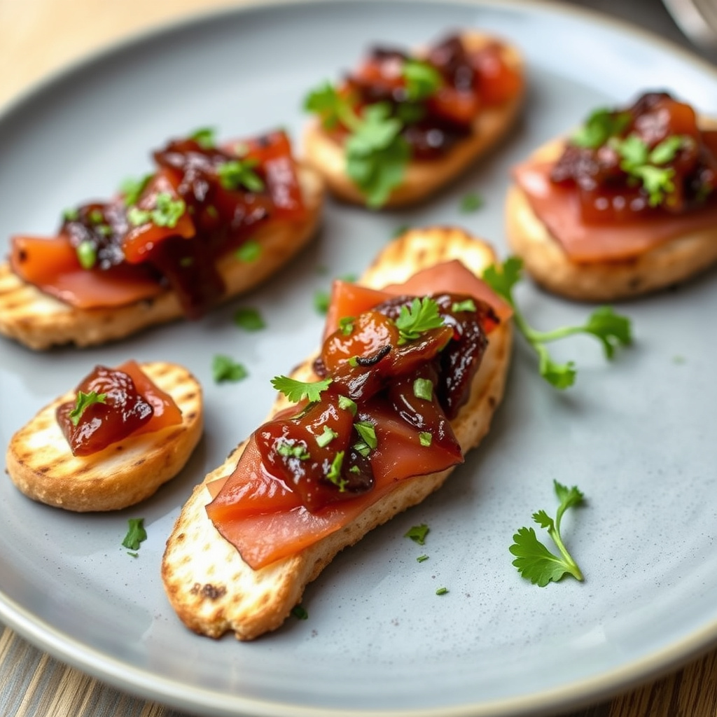 Grillet pancetta-crostini med rødløkmarmelade