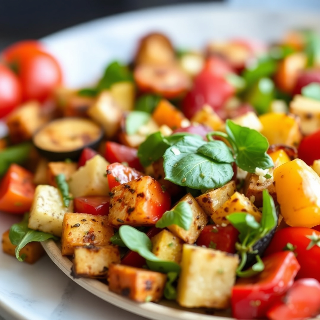 Grillet panzanellasalat med paprika, sommergresskar og tomater