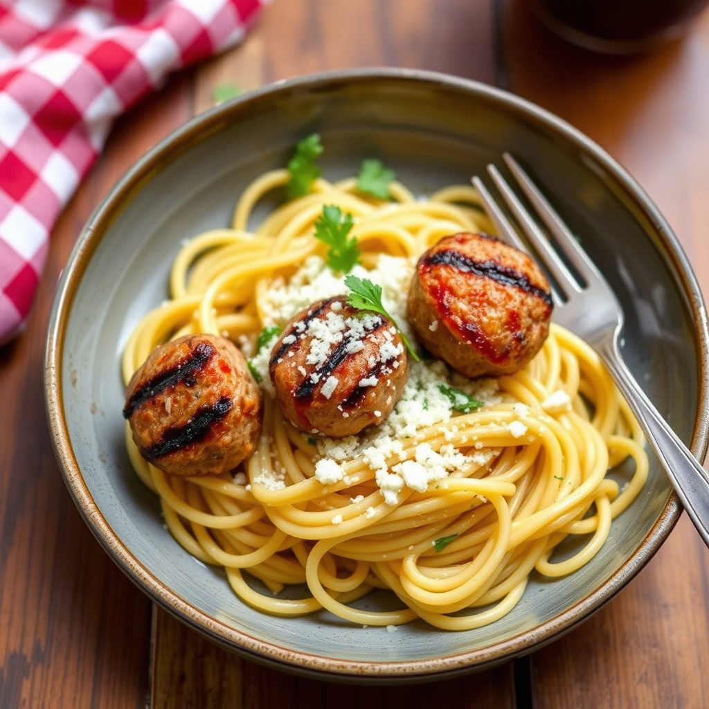Grillet pasta med grillede kjøttboller