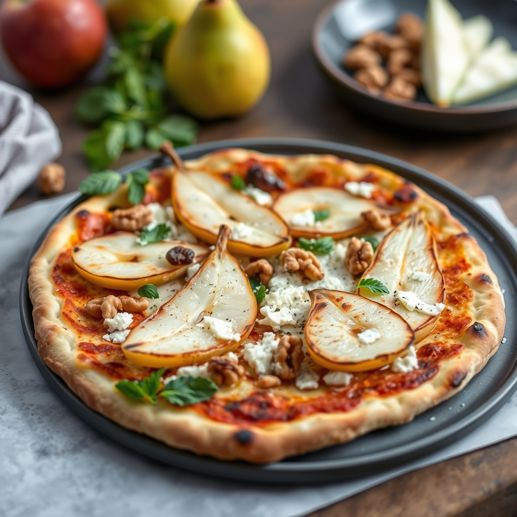 Grillet pizza med pærer, fersk pecorino og valnøtter