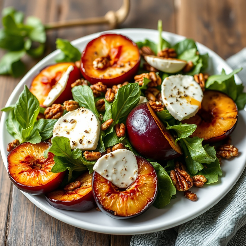 Grillet plommesalat med lagret gouda og pekannøtter