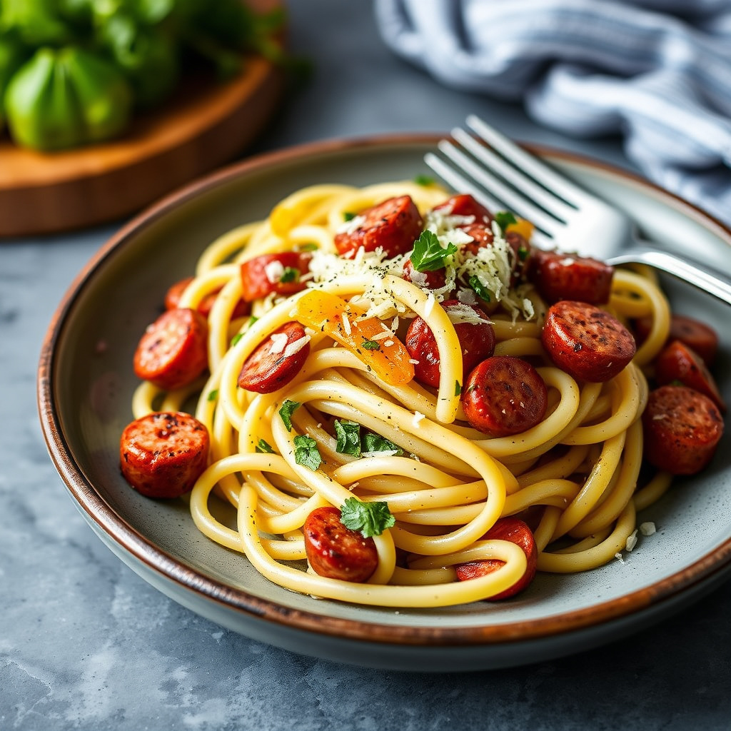 Vårpasta med grillet pølse, fennikel og artisjokk