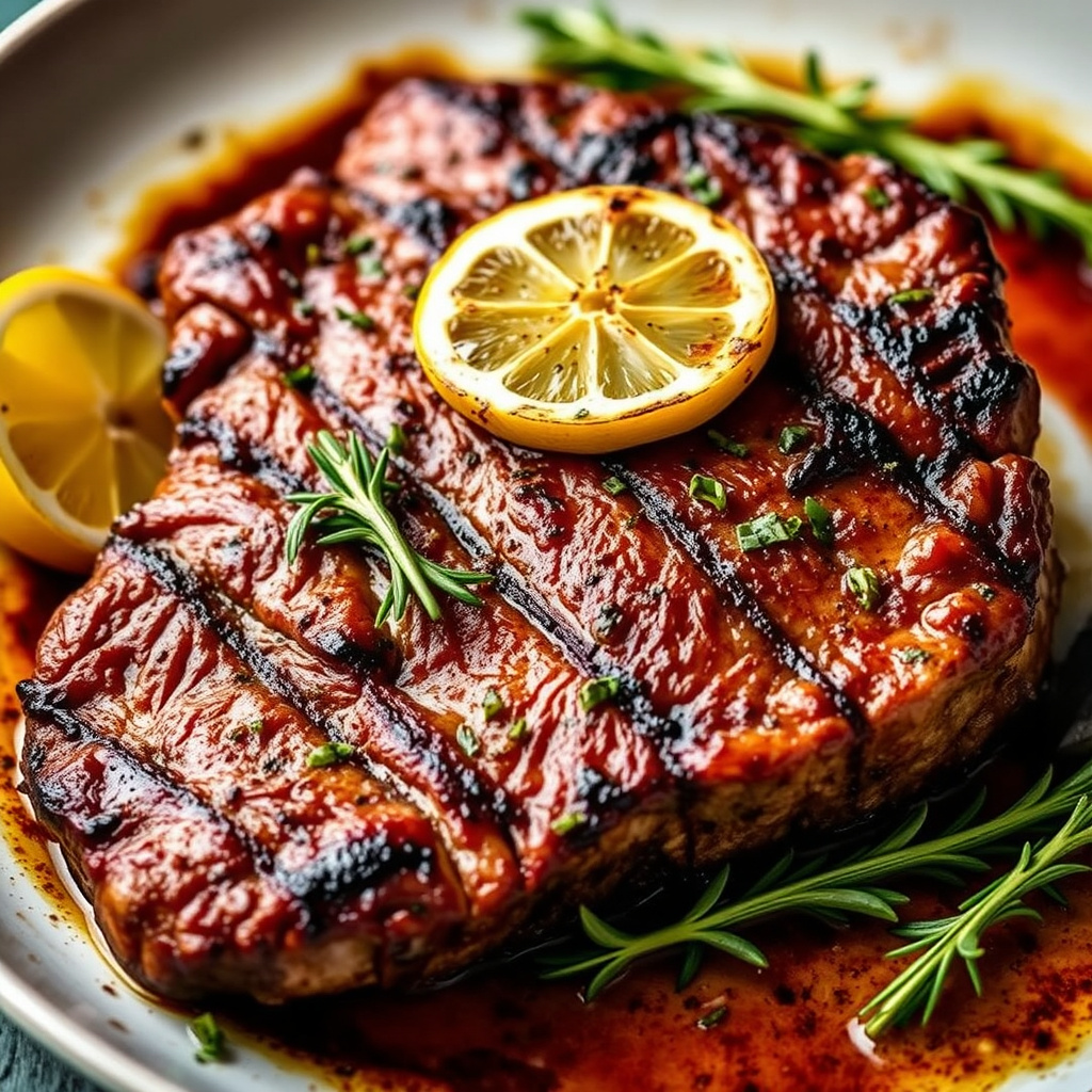 Grillet Porterhouse med ovnsbakt hvitløk og sitron