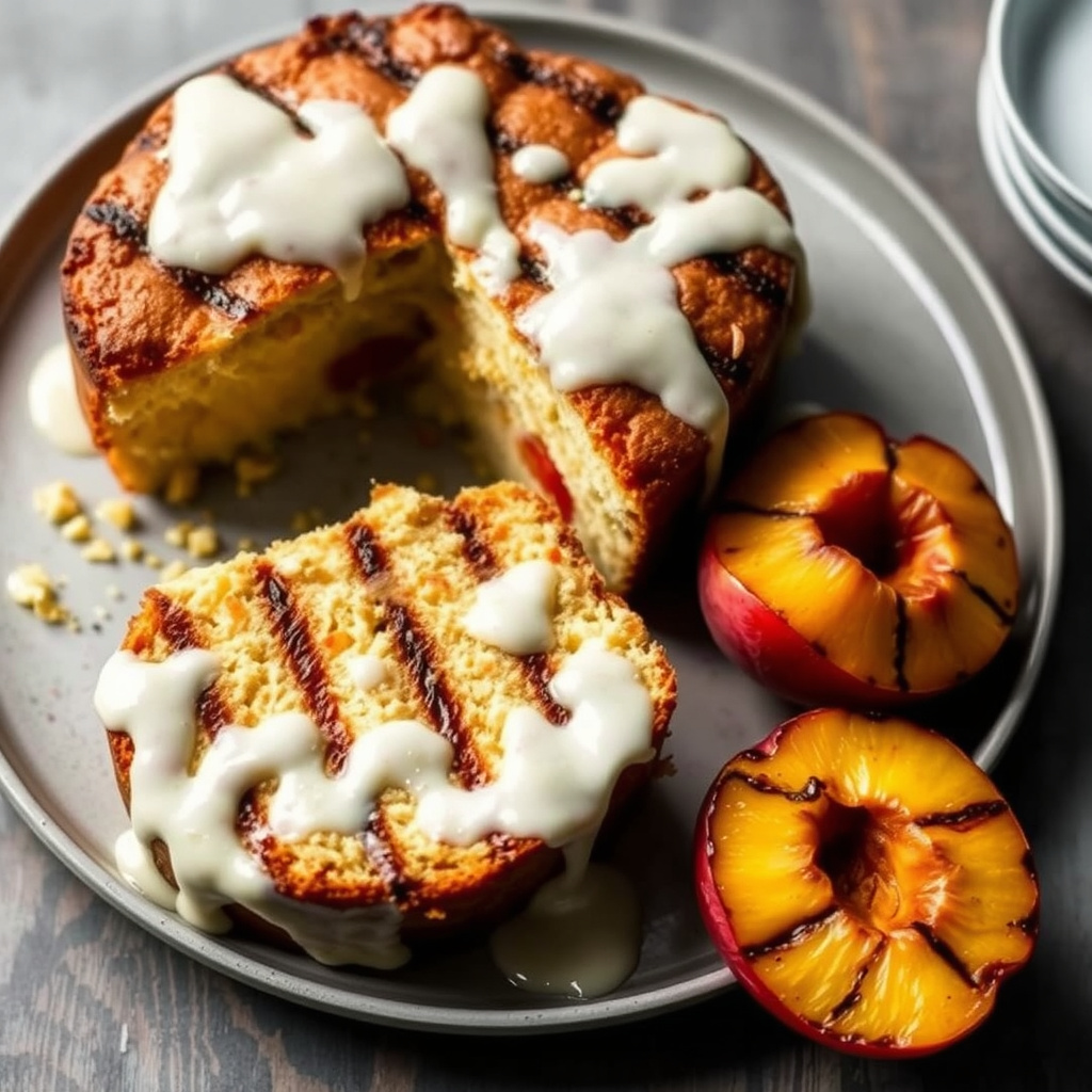 Grillet formkake med kremostglasur og fersken