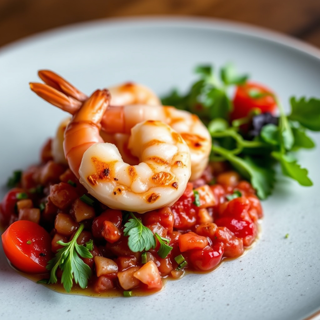 Grillet reker med Cherokee- og oxheart-tomat tartar
