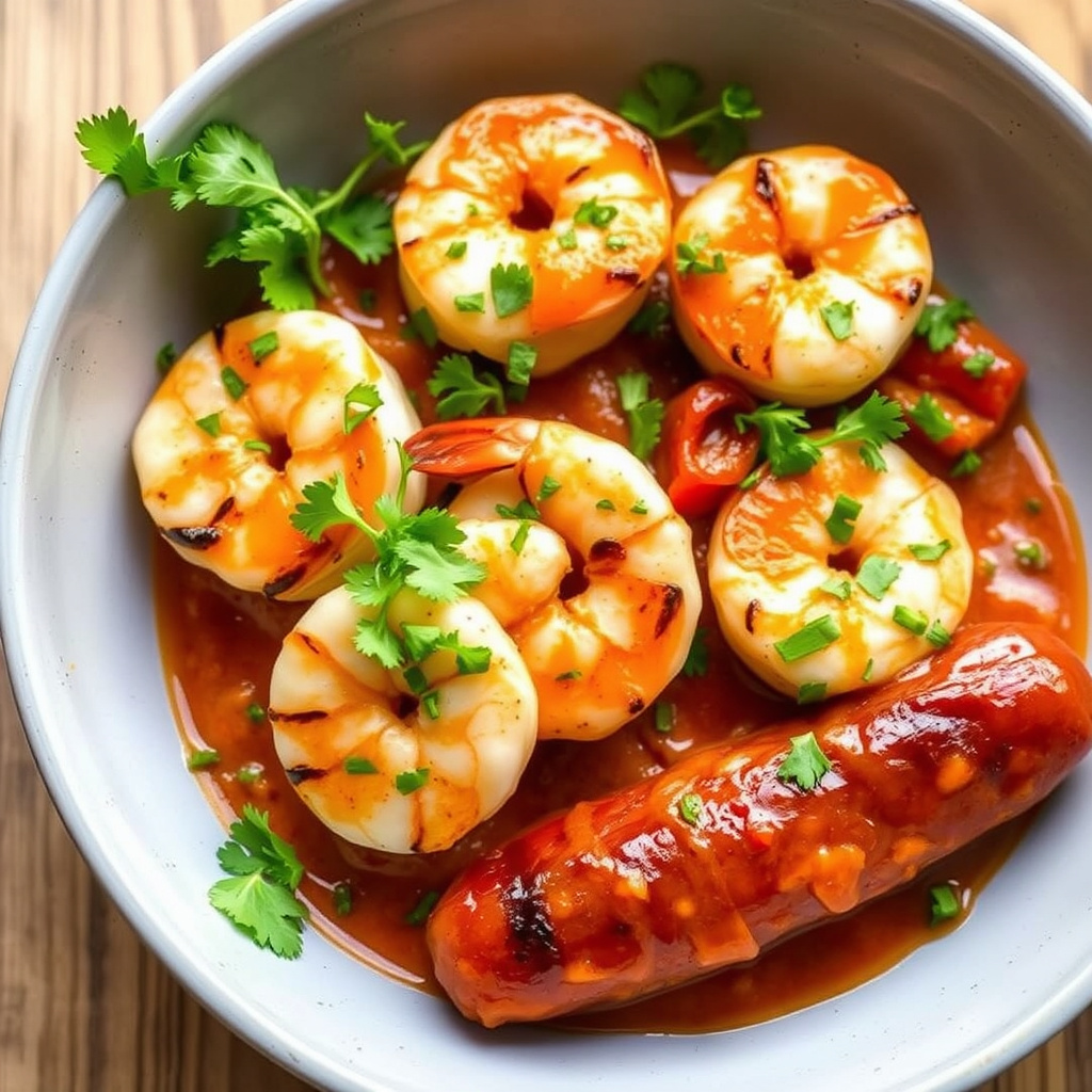 Grillet reker og andouillepølse med varm ravigotesaus