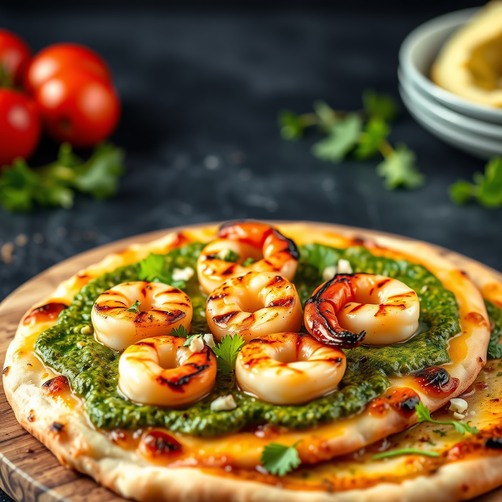 Grillet reker og korianderpesto-pizza
