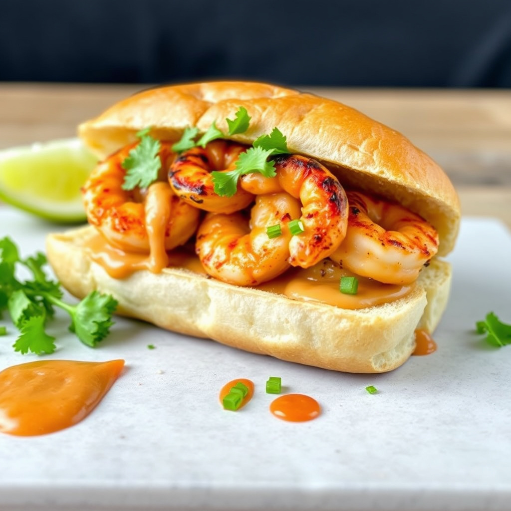 Grillet reker Po' Boy på grillet fransk brød med adobo-remoulade