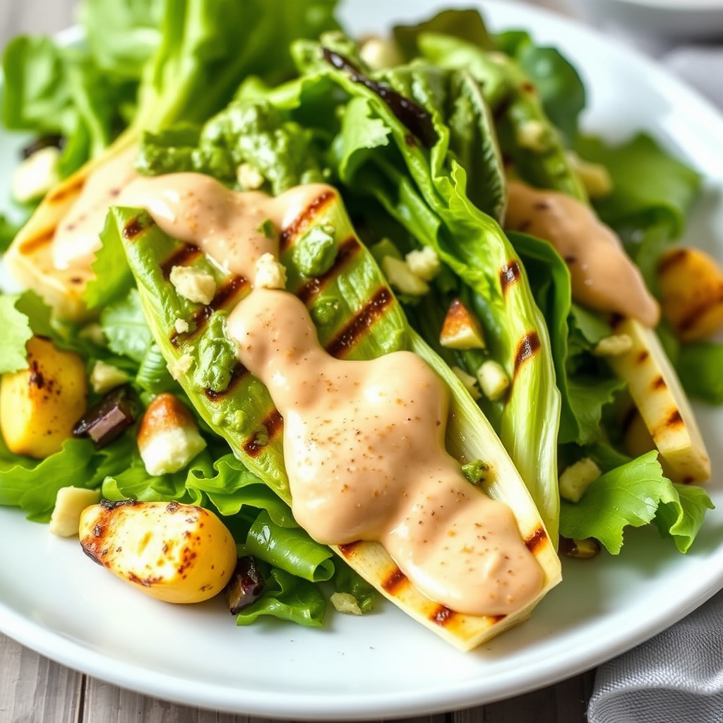 Grillet romainesalat med krydret Caesar-dressing