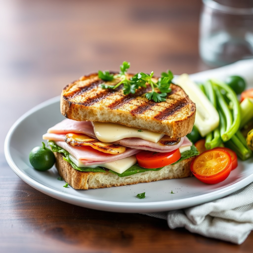 Grillet skinke- og gouda-sandwich med rester av påskegrønnsaker