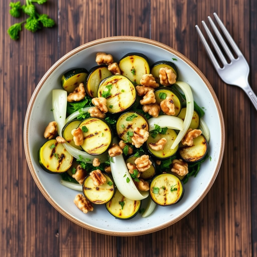 Grillet squash og purre med valnøtter og urter