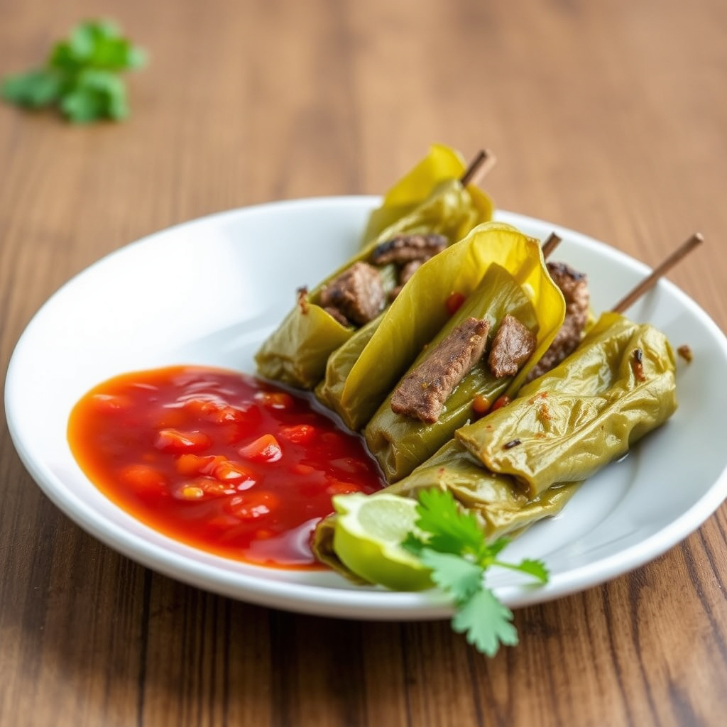 Grillet storfekjøtt i drueblader med søt, sur og krydret dippesaus