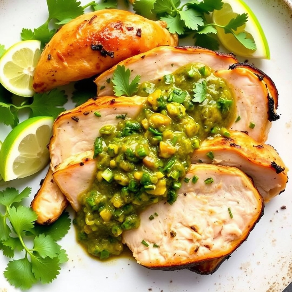 Grillstekt, saltet kalkun med Anaheim-chili salsa verde