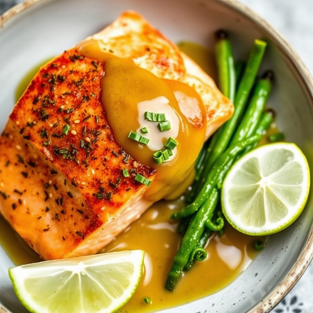 Grønn te-pochert laks med ingefær- og limesaus