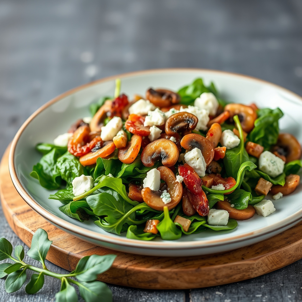 Varm salat med bacon, sopp og blåmuggost