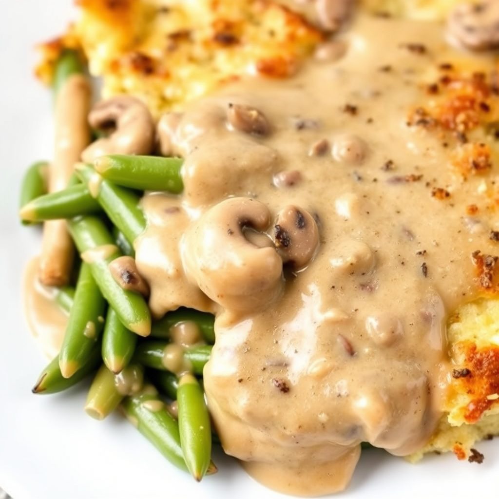 Grønne bønner i form med kremet soppsaus