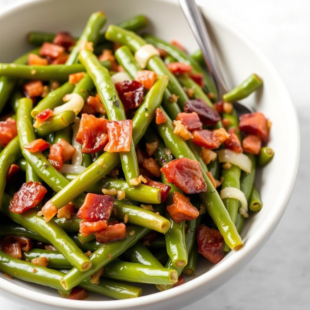 Grønne bønner langsomt kokt med bacon og løk