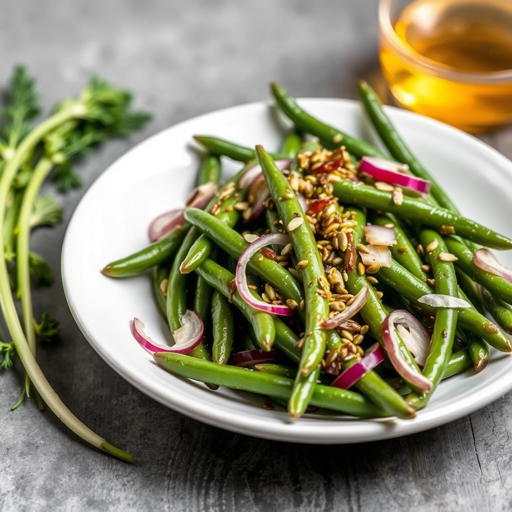 Grønne bønner med rødløk og sennepsfrøvinaigrette