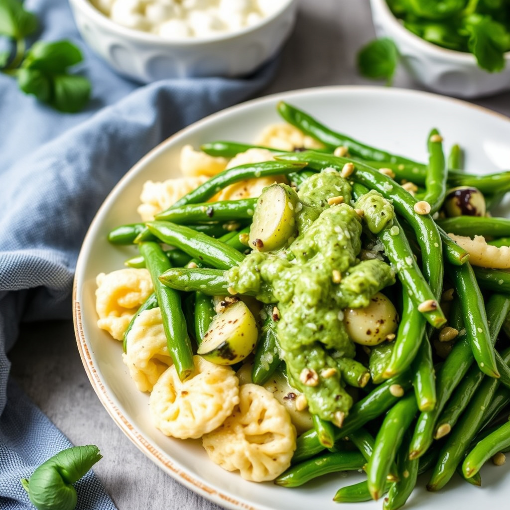 Grønne bønner og squash med frisk urtesaus